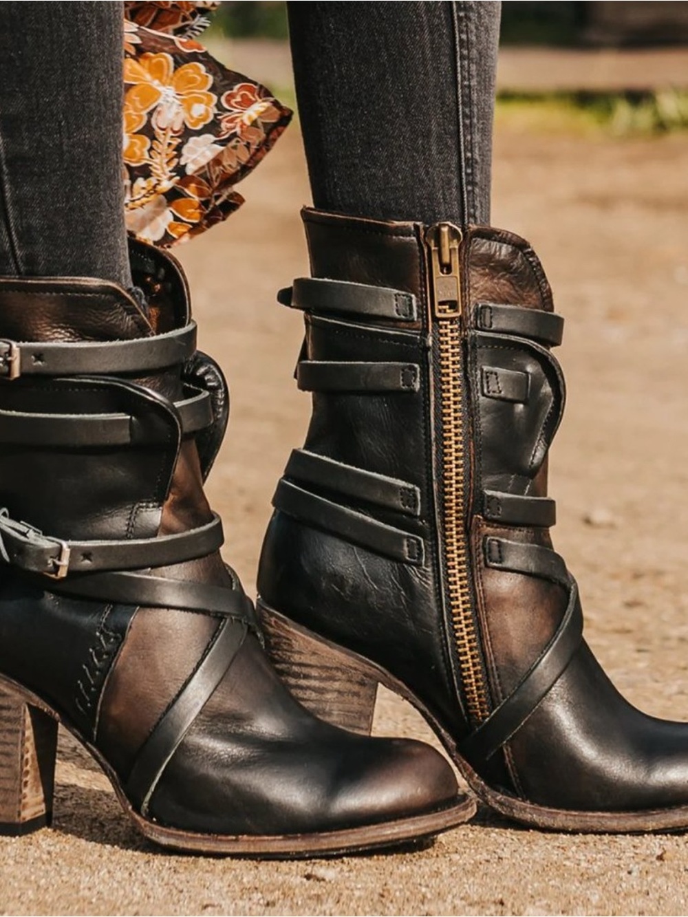 Freebird by Steven Black and Brown Distressed Strap Zip Ankle Boots